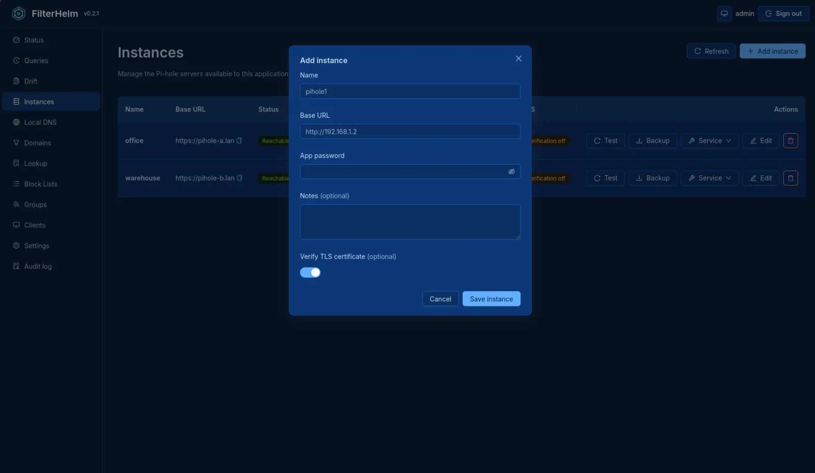 Add-instance form with demo values and a passed connection test.