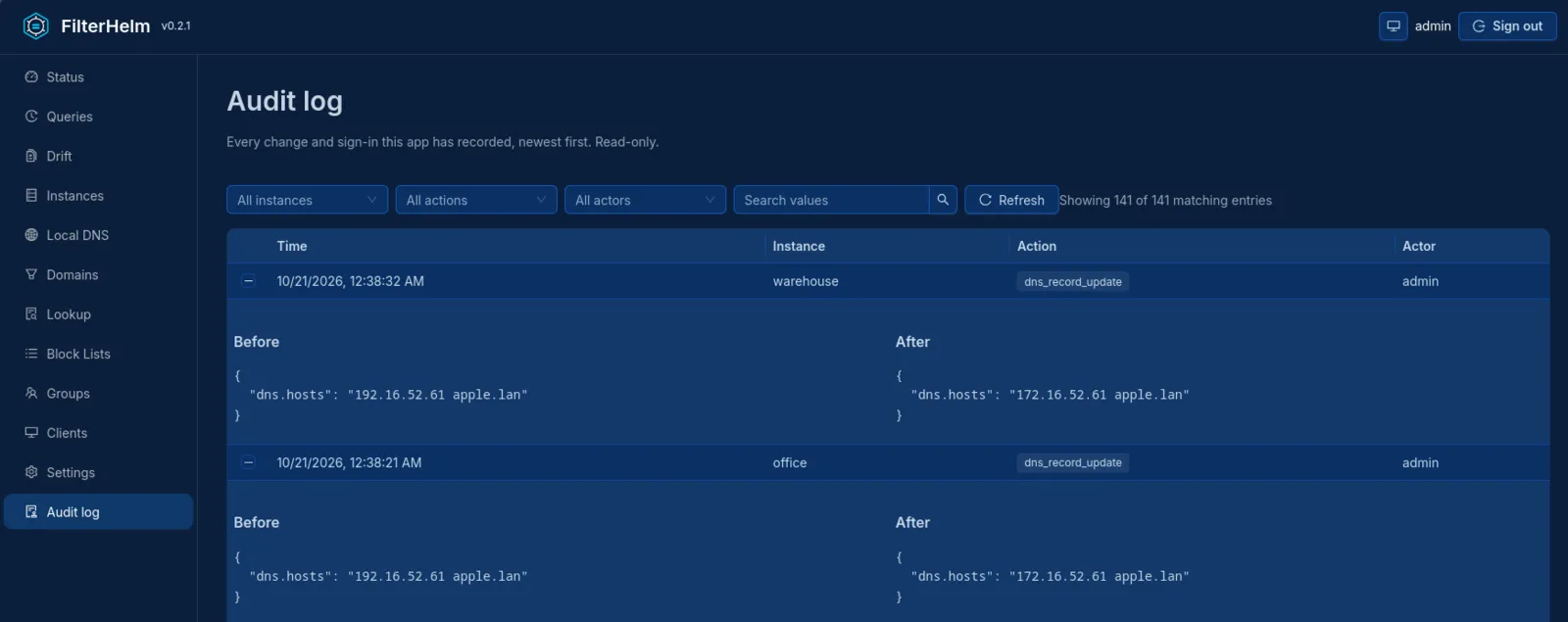 Audit log showing a few demo sign-in and configuration-change entries.