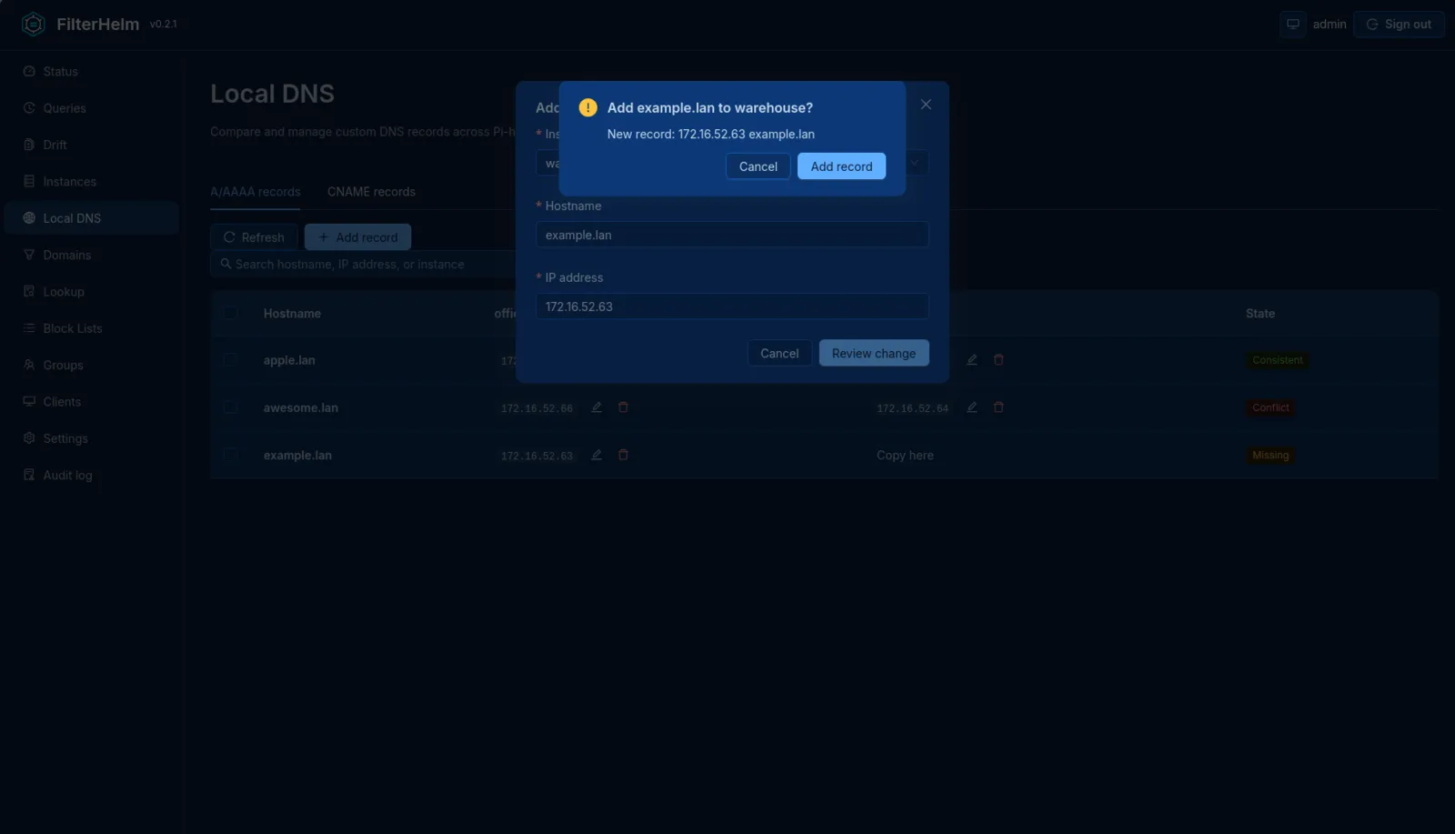 Confirmation dialog showing the exact proposed change for one Pi-hole instance.