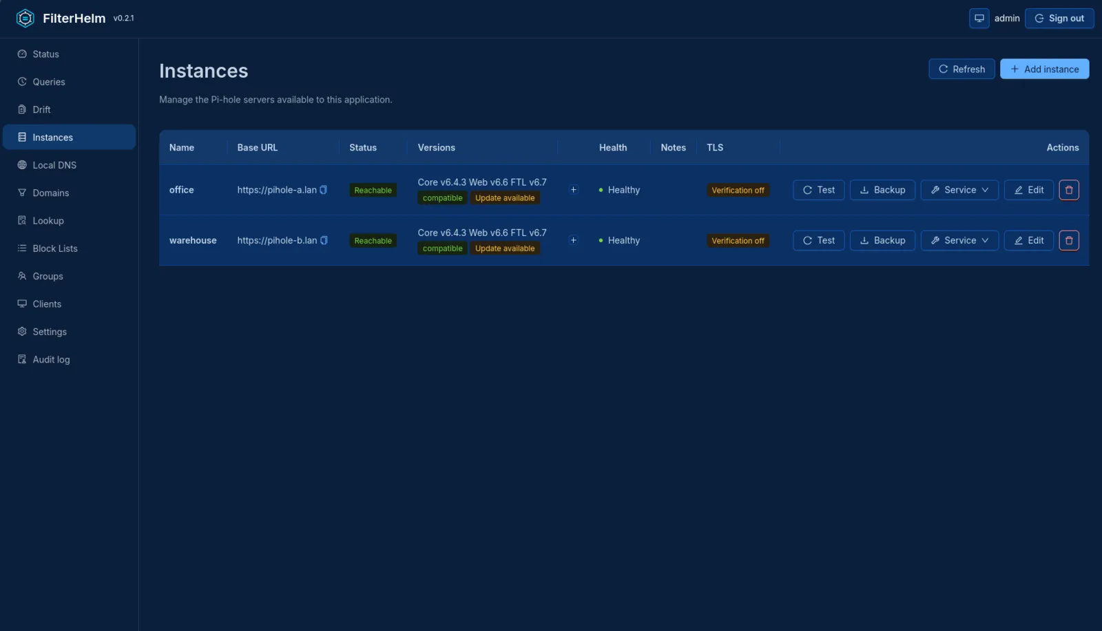 Instances page with two healthy, reachable Pi-hole instances.