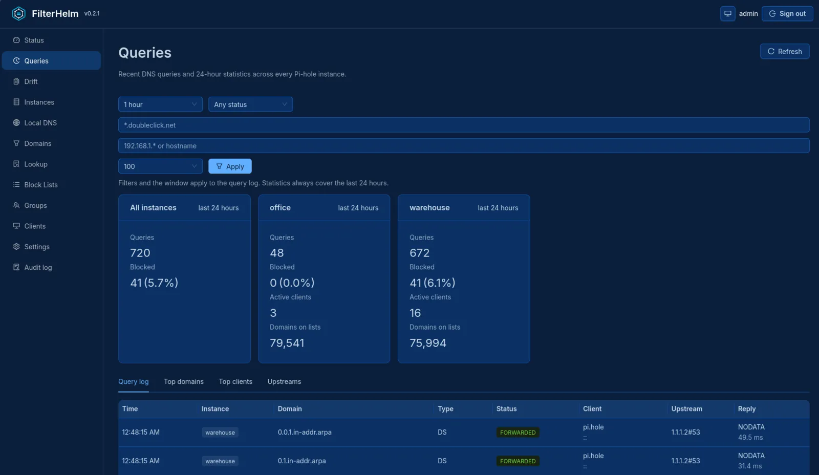 Queries page with recent query logs merged across Pi-hole instances.